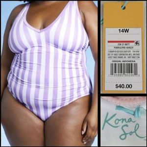 Kona Sol V-Neck Stripe Swimsuit PURPLE 238216677 Sz 14W